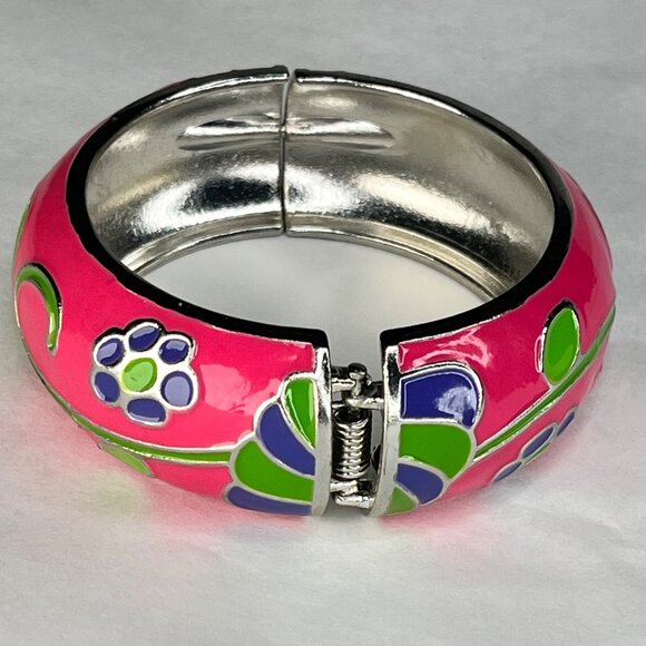 Colorful Floral Hinged Bangle Bracelet With Pink Green & Purple Enamel Design On - Picture 5 of 5